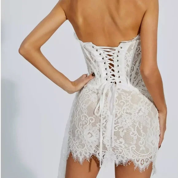 Elegant White Lace Mini Dress - Picture 8 of 14